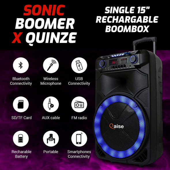 4500 Watts Peak Power 15” Portable Bluetooth Party Boombox and Karaoke Machine by Qaise. Includes Light Show, Wireless Microphone, FM Radio