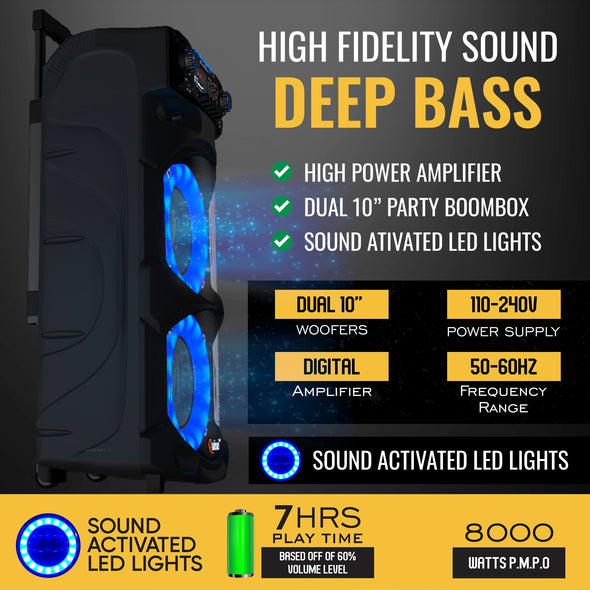 Qaise SB-2101 Portable Bluetooth Party Speaker, Dual 10” woofers with Lights, Wireless microphone and 7+ hrs play time.