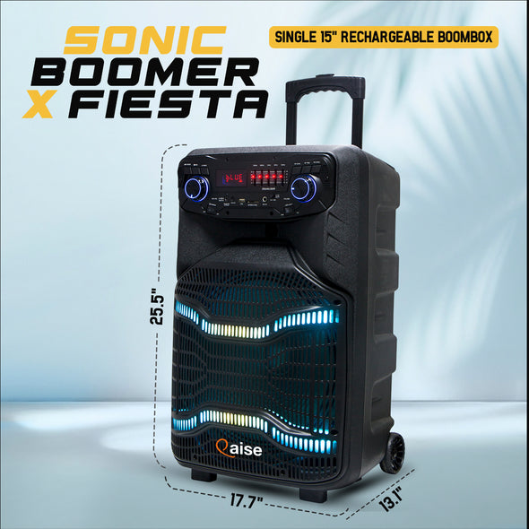 SB-1502 SonicBoomer X Fiesta Bluetooth Party box speaker, 15" Woofer, Karaoke, LED Lights, FM Radio, Mic, Remote Control