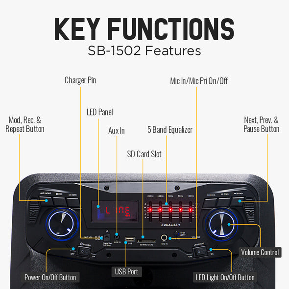 SB-1502 SonicBoomer X Fiesta Bluetooth Party box speaker, 15" Woofer, Karaoke, LED Lights, FM Radio, Mic, Remote Control