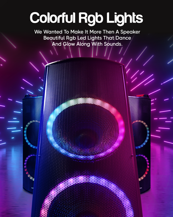 Qaise-12000 Watts Peak Power High-End Rechargeable Bluetooth Party Speaker Karaoke Machine with Deep Bass, LED Lights Large Body PA System for Parties