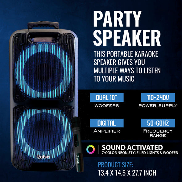 QAISE Bluetooth Speaker & Karaoke Machine - Portable PA System with Wireless Mic, Professional Dual 10” Subwoofer with Lights, 7h Play time, 5000 Watts Peak Power - SonicBoomer X-BASS