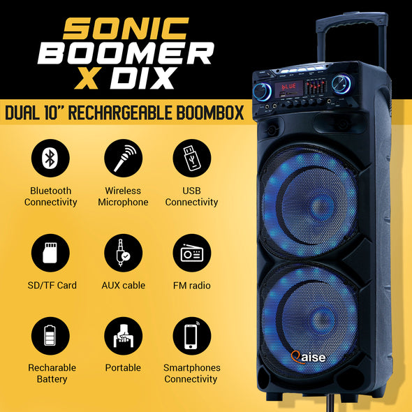 Qaise SB-2101 Portable Bluetooth Party Speaker, Dual 10” woofers with Lights, Wireless microphone and 7+ hrs play time.