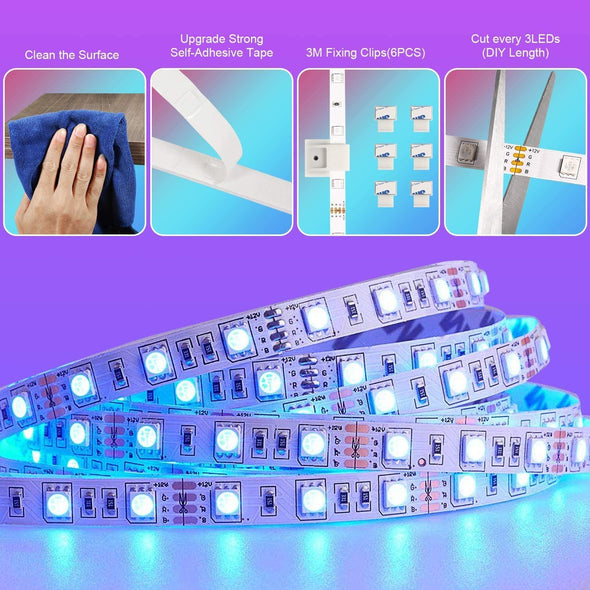 Qaise LED Light Strips – 16.4ft Bluetooth adhesive LED strip light with App and Remote Control. Multicolor with Music Sync and timer
